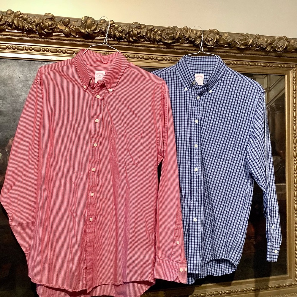 Pair of Brooks Brothers Checkered and Stripped Button Down Shirts - Sz Med
